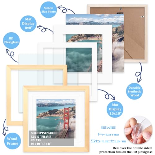 12x12 Wood Picture Frames for Wall Hanging or Tabletop,Diamond Painting Frame Baby Scan Picture Frames with 2 Mats Display 8x8 or 10x10 for Family Walls - color: Natural, size: 12x12 inch