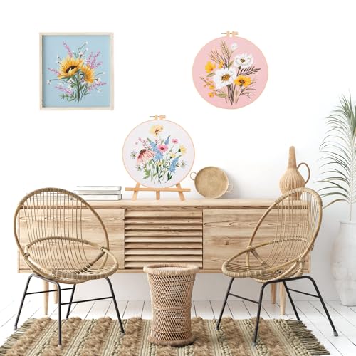 LB Sunflower Floral Embroidery Kit for Beginners Adults, 3 Sets Hand Embroidery Starter Kit with Flower Pattern and Instructions Stamped Cross Stitch Kits Include Embroidery Hoop Needles Threads - color: Pink