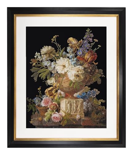 Thea Gouverneur - Counted Cross Stitch Kit - Flower Still-Life with an Alabaster Vase - Aida Black - 18 Count - for Adults - DMC Embroidery Threads and Other Cross Stitch Supplies Included - 580.05 - color: 580.05 Aida Black