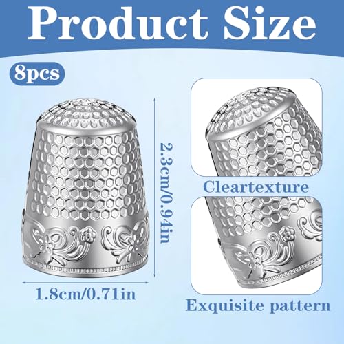 WJIAAA 8 PCS Sewing Thimbles for Hand Sewing, Metal Finger Protector Quilting Craft Accessories for Knitting Fingertip Protector Embroidery Needlework DIY Tools Anti-Slip Grooves Breathable(Silver)