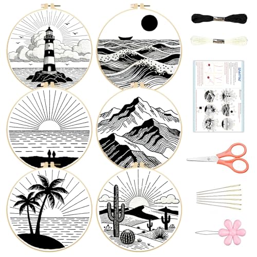 BEUNITONE 6PCS Beginner Embroidery Kit for Adults, Minimalist Black and White Style Pre-Stamped Pattern Needlepoint Kits with Hoops & Instruction, Hand Embroidery Kits for Fabric and Home Decor 7.9" - style: Black White Scenery