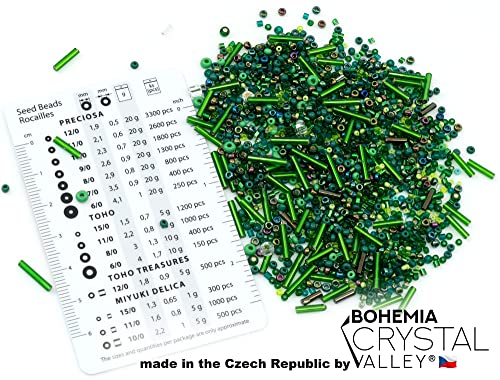 0.7oz (20g) Mix of Small Rocailles, Seed Beads & Bugles 2-10mm Preciosa Ornela Czech Glass Beads, Mix Green Iris - color: Seed Beads Mix - Green Iris