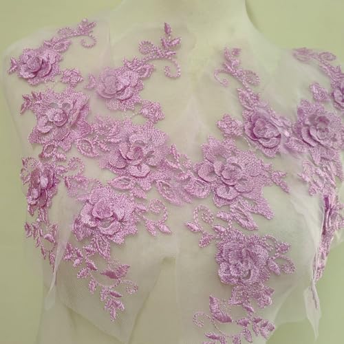 2 Pair 29 * 13cm Red/Pink/Purple/Sky Blue Wedding Dress Lace Shirt Accessories Embroidery Lace Garment Design DIY Accessories (Pink) - color: Pink