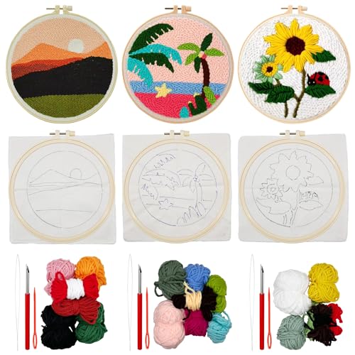 Allazone 3 Set Punch Needle Embroidery Kits With Fabric, Yarns and Sewing Needles for Adults Beginner (Coconut Tree) - color: coconut tree