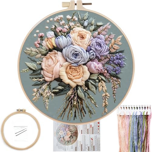 FONNUY Bouquet Flowers Embroidery Kit for Beginners, Pre-Stamped Pattern Kits for Adults with Hoop, Easy to Follow Color Thread Needlework, 8'' Hoop (Joyful Bouquet) - style: Joyful Bouquet