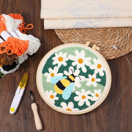 3 Pcs Punch Needle Kits, 7.87 Inch Cute Floral, Bees and Butterfly Punch Needle Kit for Adults Beginner Children Needles Punching kit with Embroidery Hoop, Instruction, Fabric, Sewing Needles, Yarns - size: Style A