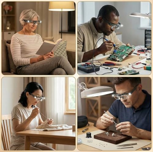 160% Hands-Free Magnifying Glass with Light - Rechargeable LED Illuminated Head Magnifier, Flip-Up Design | Perfect for Reading, Repair, Crafts & Close Work (Black)