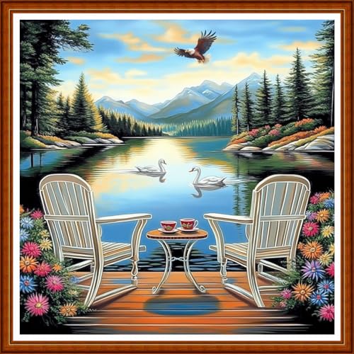 Redxing Counted Cross Stitch Kit for Beginners,Unprinted Needlepoint Kits for Beginners Cross Stitching Embroidery Kit 11CT Stitches kit-Rest by the Lake 18x18 inch - color: SetColor08