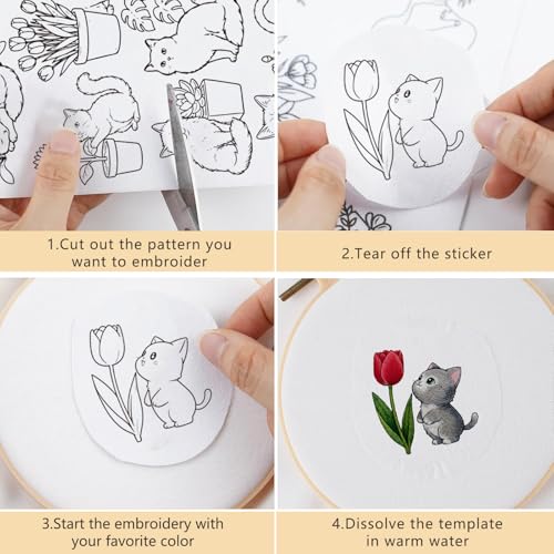 Water Soluble Embroidery Patterns Stabilizers, 4 Sheets Cat Floral Stick and Stitch Embroidery Papers Wash Away, Pre-Printed Cute Animal Transfer Paper Customized Gift for Hand Sewing Lovers Beginners - size: Cat flower
