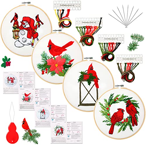 Ysleen 4 Set Christmas Cardinal Embroidery Kit for Beginners with Hoops