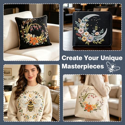 3Pack Embroidery Kits for Beginner Adult, Flower Moon Bee Pattern Hand Kit - color: Flower Bee Moon
