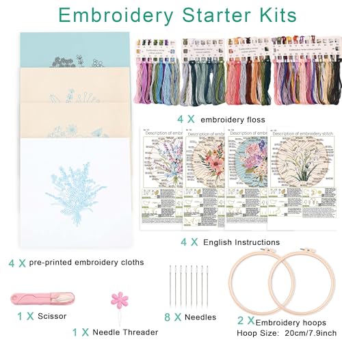 Harimau Adult Beginner Embroidery Starter Kit, Complete Set with 4 Patterns, 2 Hoops, Needles, Scissors, Instruction Guide & Stitching Video Tutorials - color: Floral6 pattern