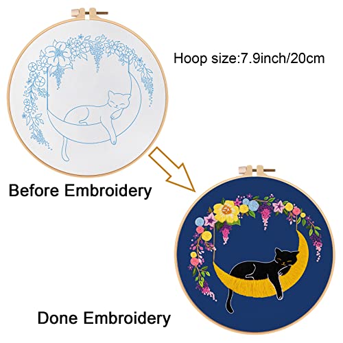 Louise Maelys Cat Moon Embroidery Kit for Beginners Floral Design - color: kit-12