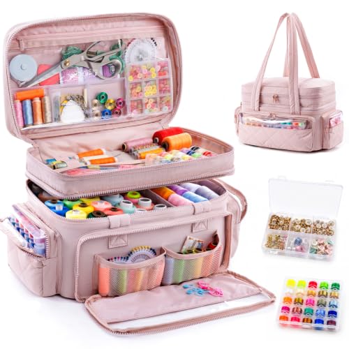 AMOIGEE Puffy Double-Layer Sewing Storage Bag with 2 Clear Organizer Boxes - color: Pink
