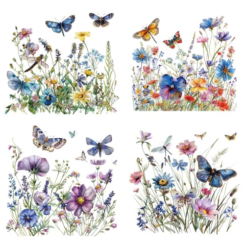 Spring Summer Iron on Transfer Stickers Watercolor Flower Butterfly Dragonfly Design DTF Ready to Press Patches Various Floral Theme Heat Transfer HTV Vinyl Decals Iron on Patches for Clothing T-Shirt - color: Colorful Flower Butterfly