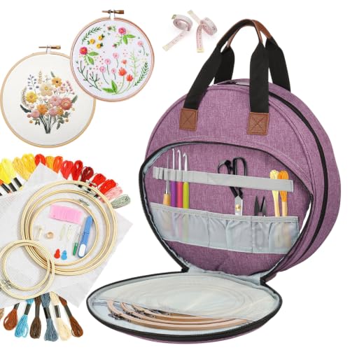 Embroidery Project Bag, Embroidery Supplies Storage Carrying Tote Case with Multiple Pockets and Handle, Cross Stitch Bag, Double Layer Round Embroiderys Project Bags for Floss Hoops Thread (Purple) - color: Purple