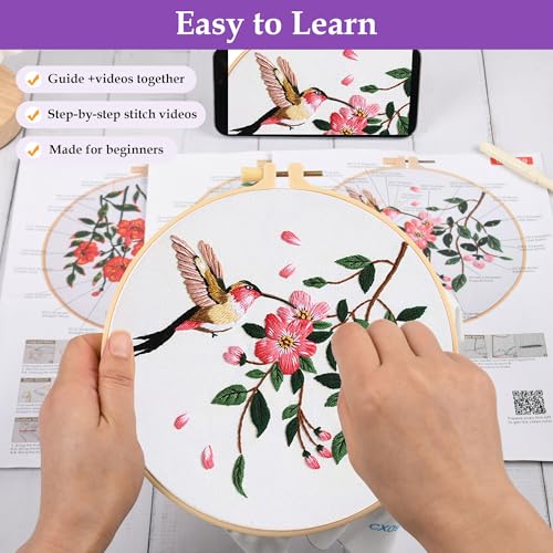 Uniartfy Embroidery Kit for Beginners with Hummingbird and Flower Pattern - color: Embroidery Kit-E