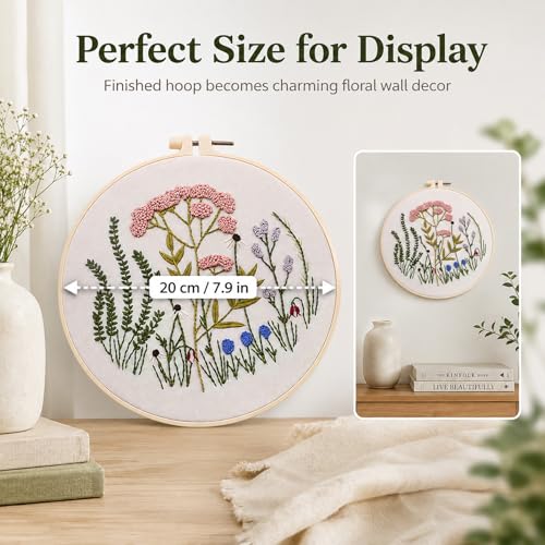 Drefund Embroidery Starter Kit for Beginners, Cross Stitch Kit Floral Pre-Stamped Pattern Kits for Adults with Hoop Embroidery Floss, Easy to Follow Needlework