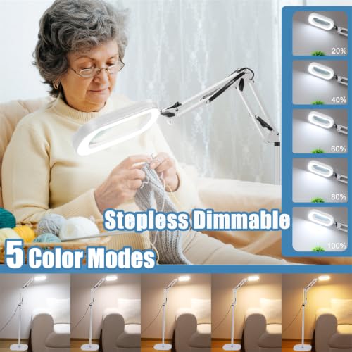IVMAIE 12X Magnifying Glass with Light and Stand, Real Glass Lens, 5 Color Modes LED Dimmable Lighted, 3-in-1 Floor Lamp with Clamp, Hands Free Magnifier for Reading, Sewing Painting Close Work, White - color: White