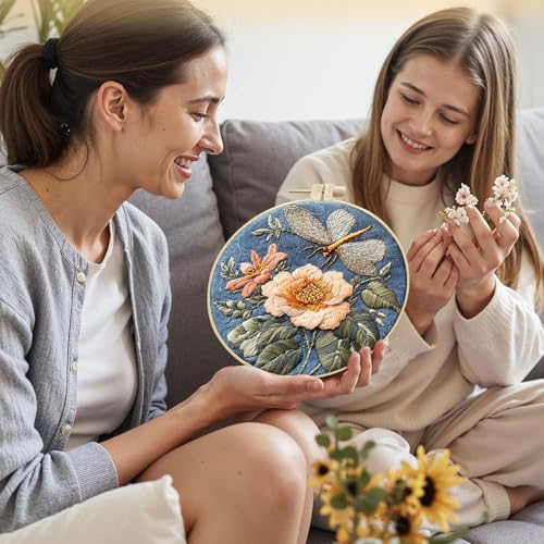 SCECALA 4 Pack Spring Floral Embroidery Kit - Blue Dragonfly Flower Hand Embroidery Kit for Beginners with Pattern, Complete Cross Stitch Supplies DIY Craft for Adults Sewing Hobby, 1pc Hoops - color: Blue Green