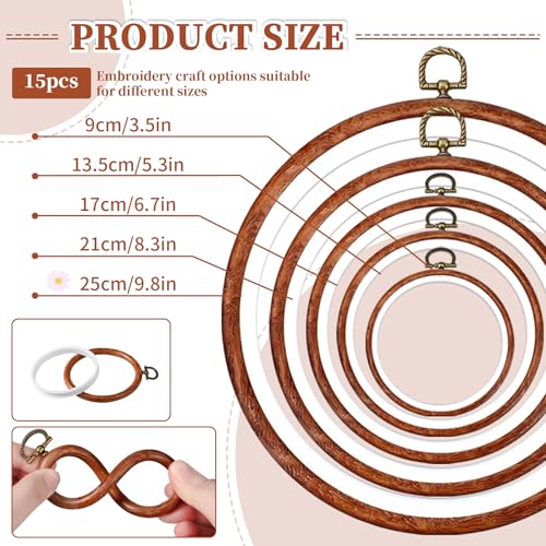 ZESHIHAOGUO 15 Pcs Round Embroidery Hoops - Rubber Ring Imitated Wood Frame Kits for Cross Stitch, DIY Craft, Sewing Projects Hanging Gifts (Brown, 5 Size) - size: 5 Size