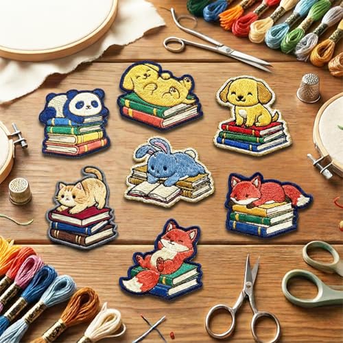 ORIGACH 4 Sheets A4 Large Cute Animal and Books Water Soluble Embroidery Patterns, Stick and Stitch Embroidery Papers with Animal Reading Books Designs, Wash Away Printable for Hand Sewing Lovers - color: Animal & Books
