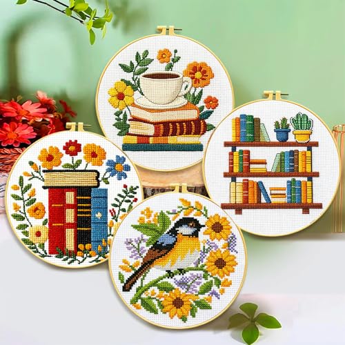 Zhenqing 4 Pack Book Lover Stamped Cross Stitch Kit for Beginners - color: 4 cozy book, flower and bird