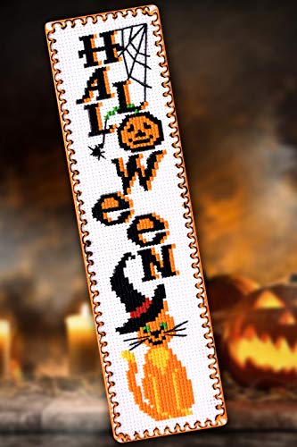 Povitrulya Halloween Cross Stitch Bookmark Kit 'Red Cat in Witch Hat' - color: Red Cat in Witch Hat