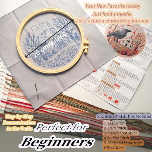 FONNUY Embroidery Kit, Featuring Crow and Landscape Patterns, Cross Stitch Kits for Both Adults and Beginners, Handmade Crafts Printed Pattern Set, Color Thread Needlework, 8'' Hoop (Clever Bird) - color: Clever Bird