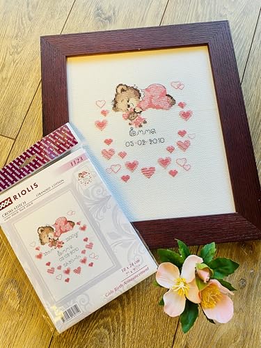 RIOLIS 1123 Girls Birth Announcement Counted Cross Stitch Kit 7 x 9.5 in - style: Girls Birth Announcement 1123