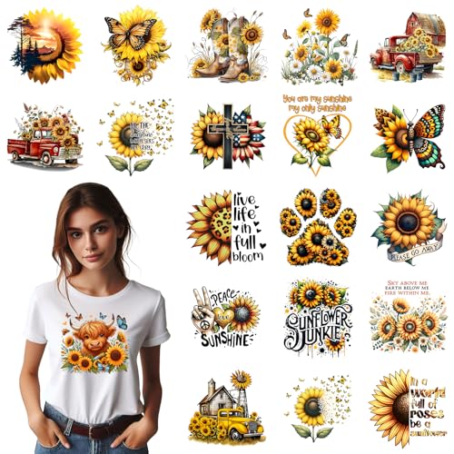 20 PCS Sunflower Heat Transfer Vinyl Stickers - Western Cowgirl/Truck/Butterfly/Cross Design Iron On Patches, Durable PU Vinyl Heat Transfer Decals for T-Shirts, DIY Clothing/Accessories/Bags/Hats