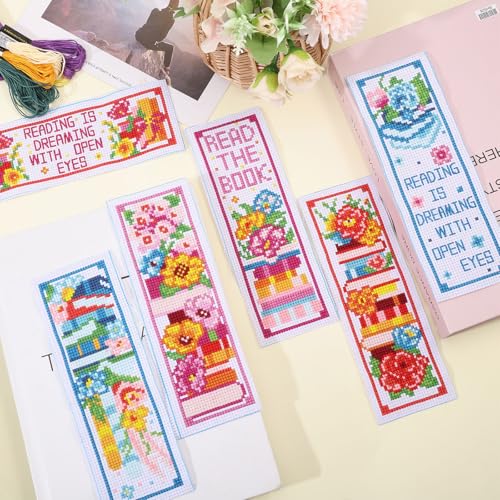 ORIGACH 6 Pcs Cross Stitch Bookmark Kit for Beginner Book Flower Stamped Embroidery Stitch Kits for Starter DIY Bookmarks Printed Cross Stitch Kits for Book Lovers - style: Book and Flower