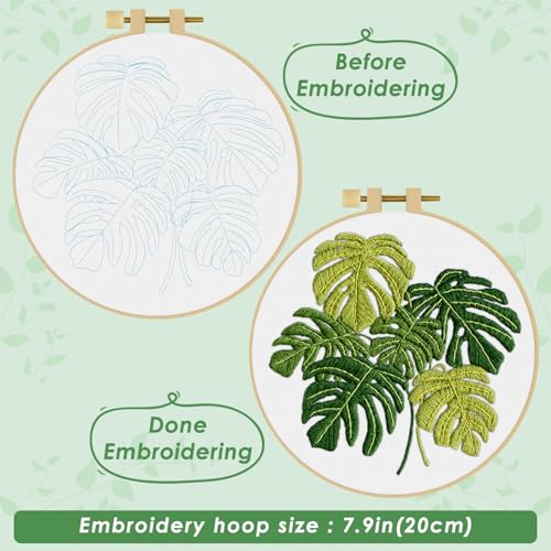 ERKOON Embroidery Kit for Beginners Adult, Cross Stitch Set Include Embroidery Cloth Hoop Threads for Craft Lover Hand Stitch with Embroidery Skill Techniques (Leaf) - color: Leaf