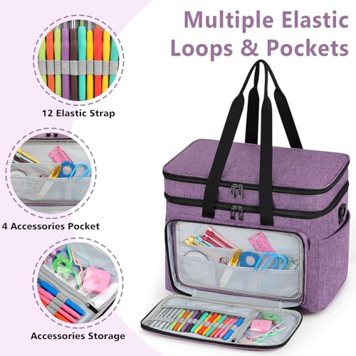 Crochet Organizer Bag with Yarn Holder, Large Yarn Storage for Accessories - color: Purple