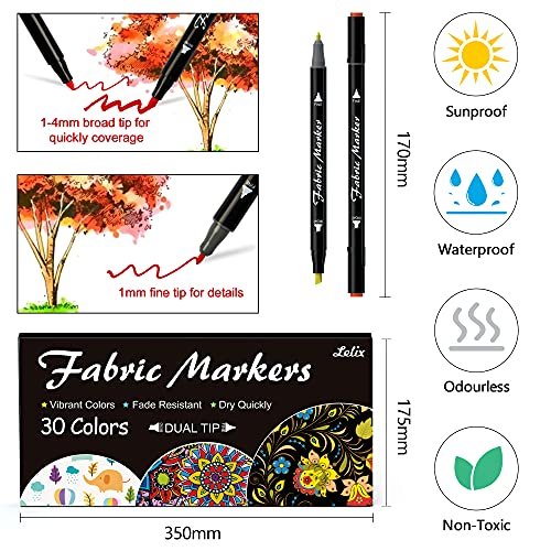 Lelix Fabric Markers, 30 Permanent Colors Dual Tip Fabric Pens for Writing Painting on T-Shirts Clothes Sneakers Canvas Pillowcases, Child Safe & Non-Toxic for Kids Adults - color: 30 Colors
