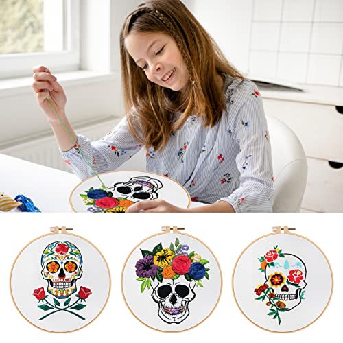 Nuberlic 3 Pack Embroidery Kit for Beginners, Halloween Skull Cross Stitch - color: Kit 6