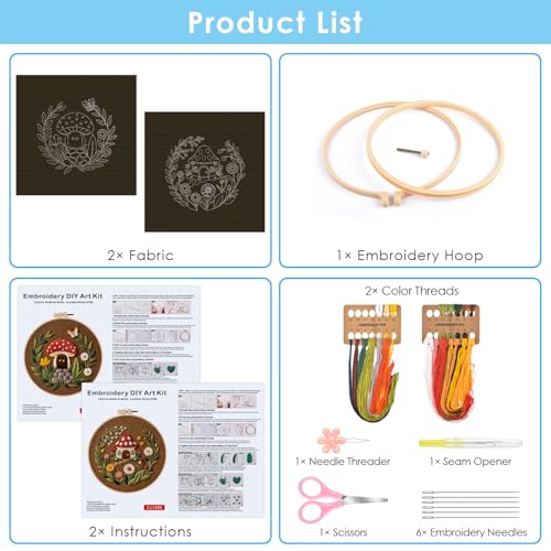 ERKOON Embroidery Kit for Beginners, 2 Set Flower Cross Stitch Set Include Embroidery Cloth Hoops Threads for Craft Lover Hand Stitch with Embroidery Skill Techniques (Mushroom) - color: Mushroom