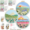 Ohcol 3 Sets Embroidery Kit,Cross Stitch Kits for Beginners,Needlepoint Kits for Adults with Landscape Floral Pattern Hand Crafts,Hoop,Needle