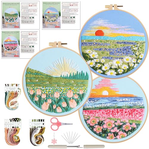 Ohcol 3 Sets Embroidery Kit,Cross Stitch Kits for Beginners,Needlepoint Kits for Adults with Landscape Floral Pattern Hand Crafts,Hoop,Needle