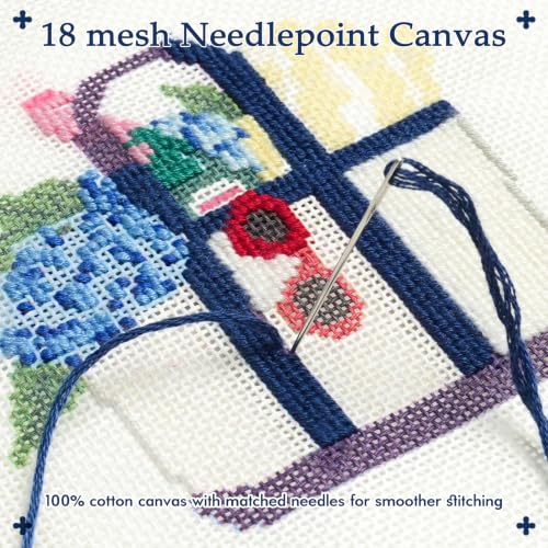Kaitiaki 18 mesh Needlepoint Canvas Kit, 8 in Painted Canvas Set with Embroidery Floss, Needles, Guide Card, Instruction, Threader, Scissors & Project Bag for Crafter Gift(Tote Bag) - color: Tote Bag, size: 18 mesh