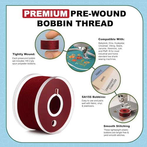 Mandala Crafts Maroon 15J SA156 Prefilled Bobbin Thread, 144 PCs - color: Maroon, size: Size A 144 X 142 Yards
