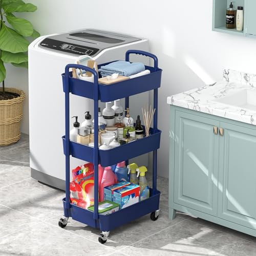 Sywhitta 3-Tier Plastic Rolling Utility Cart with Wheels for Storage,Blue - color: Blue, size: 3-tier