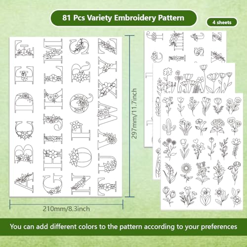 ACRNIGHEET 81PCS Water Soluble Embroidery Stabilizers Letter Patterns Embroidery Stick and Stitch Paper with Pre-Printed Flower and Letter Patterns for Hand Sewing Lover Beginners