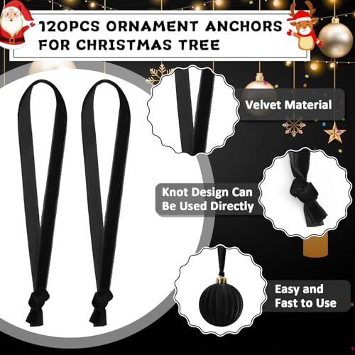 JUNEBRUSHS 120Pcs Velvet Christmas Ornament Ribbon Hangers, Hand Tied Christmas String Ribbon Loops for Ornament Hanging Tree Hanging Decorations Black - color: Black