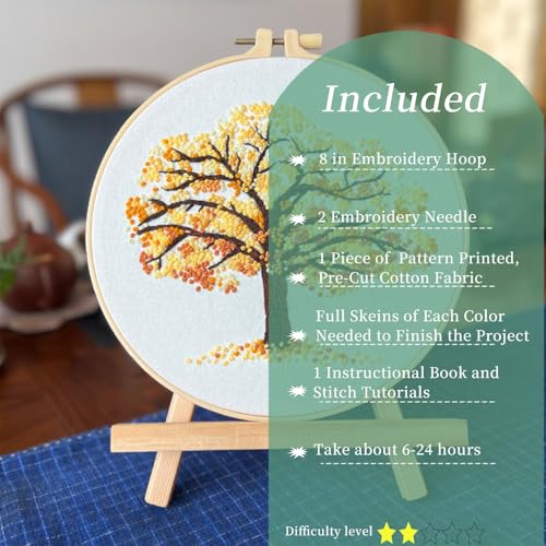 FONNUY Crewel Embroidery Kit for Beginners, Seasonal Tree Pre-Stamped Pattern Kits for Adults with Hoop, Easy to Follow Color Thread Needlework, 8'' (Yellow) - color: Yellow