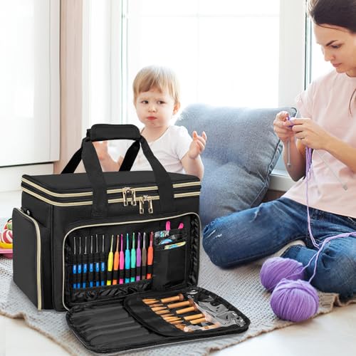 FREEAMG Knitting Bag, Crochet Bag Organizer, Yarn Storage Bag with Divider - color: Black