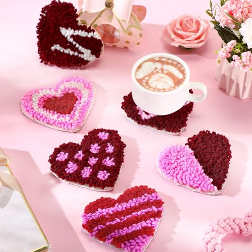 Yaomiao 6 Pcs Valentine's Day Punch Needle Coaster Kit Embroidery Kits Punch Needle Set Craft Supplies with Patterns Yarns Tools Adhesive Felt Embroidery Hoop Instruction Holder for DIY - style: Heart