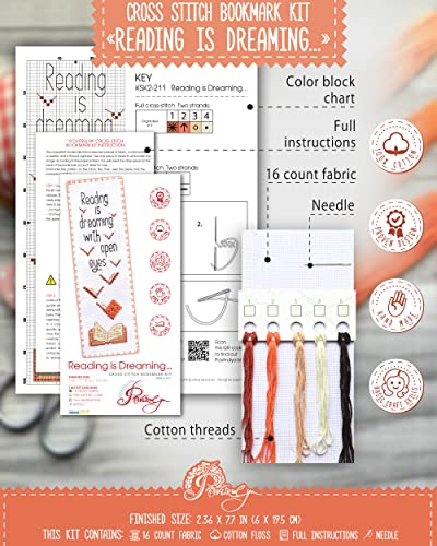 Povitrulya Reading is Dreaming' - Embroidery Set for DIY Bookmark - Counted Cross Stitch Kit for Adults with Paper Pattern, 16 Count Aida Canvas and Pre-Sorted Floss