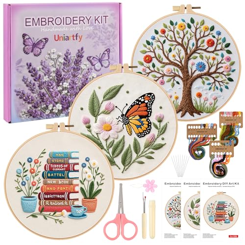 Uniartfy 3 Set Embroidery Kit for Beginners, Butterfly Tree Book Patterns - color: Embroidery Kit-C