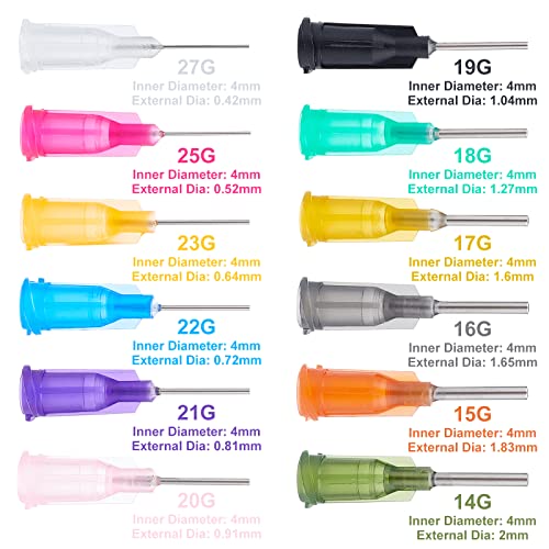 BENECREAT 144PCS 0.5 Inch 12 Different Gauge Blunt Tip Syringe Needles Dispensing Needle with Lure Lock for Refilling Liquid Inks and Syringes, Crafts Supplies - size: 0.5 Inch-12 Size